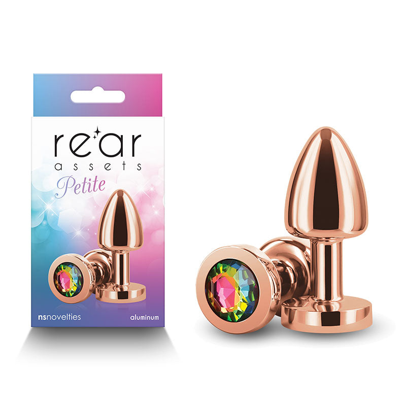 Rear Assets Petite - Rose Gold with Rainbow Gem - Rose Gold 6 cm Metal Butt Plug with Rainbow Round Gem Base-NSN-0966-29