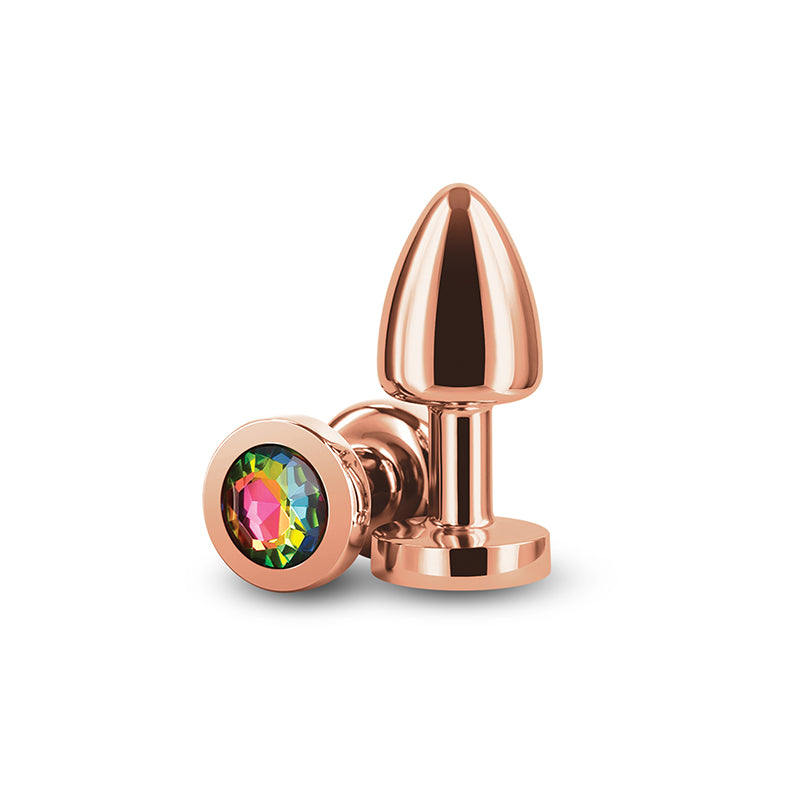 Rear Assets Petite - Rose Gold with Rainbow Gem - Rose Gold 6 cm Metal Butt Plug with Rainbow Round Gem Base-NSN-0966-29