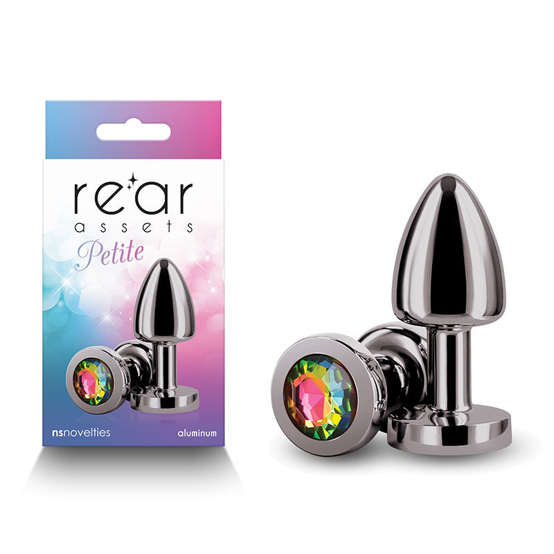 Rear Assets Petite - Gunmetal with Rainbow Gem - Gunmetal 6 cm Metal Butt Plug with Rainbow Round Gem Base-NSN-0966-39