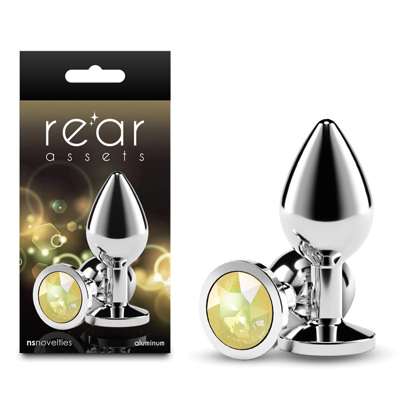 Rear Assets Silver - Medium - Yellow Gem - Silver Medium Metal Butt Plug with Yellow Gem Base - NSN-0970-19