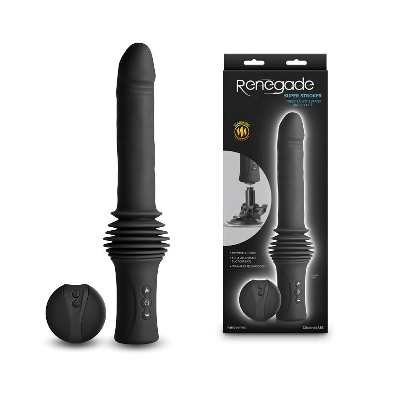 Renegade Super Stroker - Black - Black 36.8 cm USB Rechargeable Thrusting Vibrator with Remote Control & Stand-NSN-1119-13