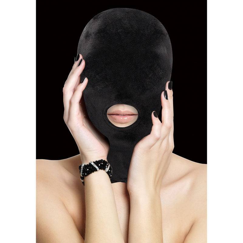 Ouch! Velvet & Velcro Mask with Mouth Opening - Black Hood-OU524BLK