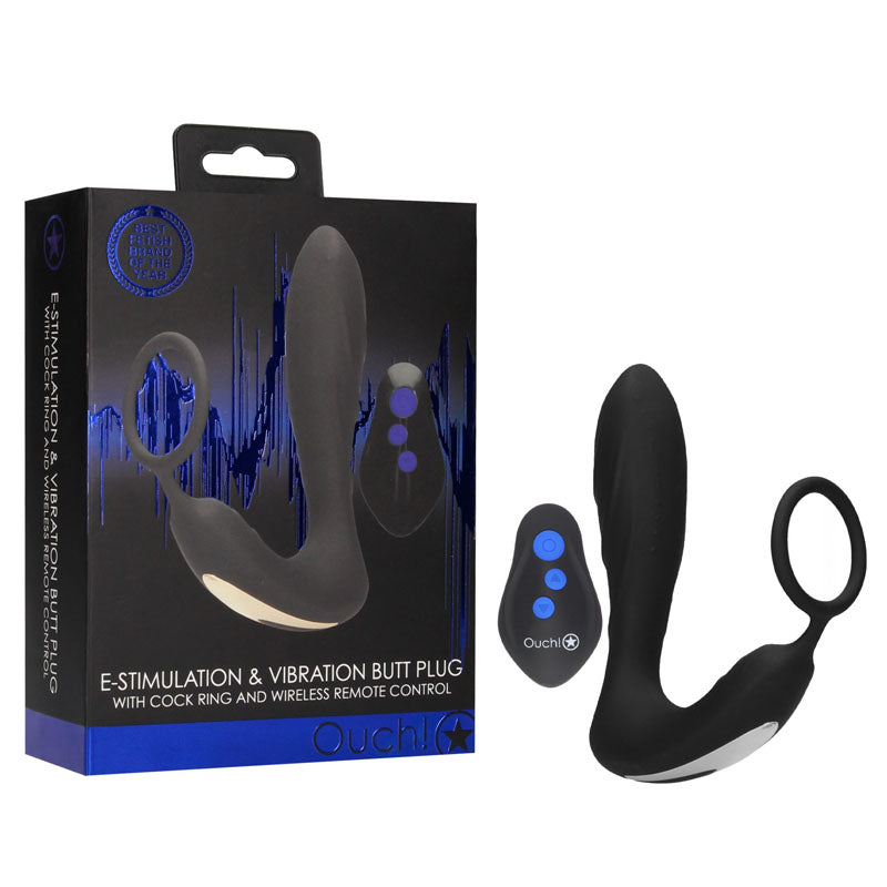 OUCH! E-stim & Vibrating Butt Plug Cock Ring - Black USB Rechargeable Vibrating Butt Plug & Cock Ring with e-Stim-OU580BLK