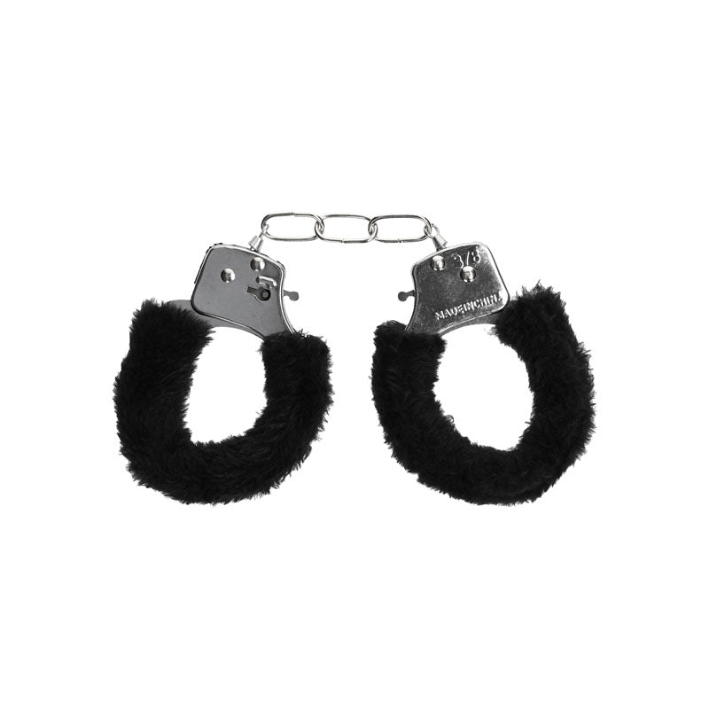 OUCH! Black & White Beginners Furry Hand Cuffs - Black Restraints-OU658BLK