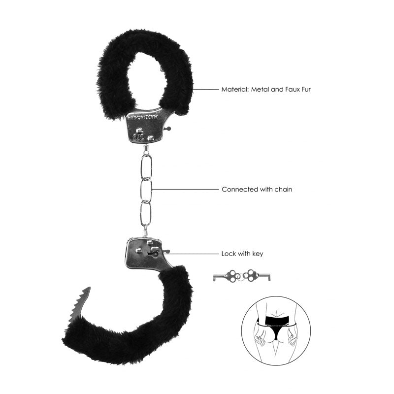 OUCH! Black & White Beginners Furry Hand Cuffs - Black Restraints-OU658BLK