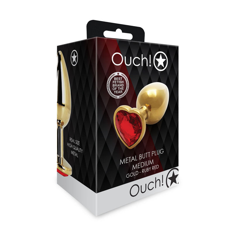 OUCH! Heart Gem Gold Butt Plug - Medium - Gold 8 cm Medium Butt Plug with Heart Gem Base-OU806GLD