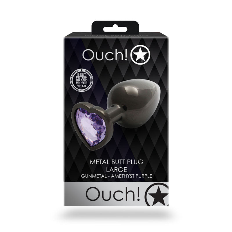 OUCH! Heart Gem Gunmetal Butt Plug - Large - Gunmetal 9.3 cm Large Butt Plug with Heart Gem Base-OU813GUN