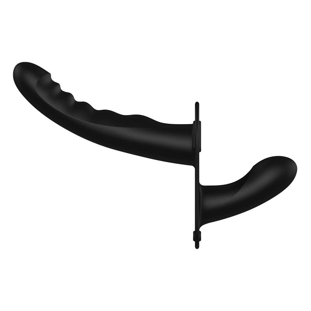 OUCH! Dual Silicone Ribbed Strap-On - Black - Black Double Ended Strap-On