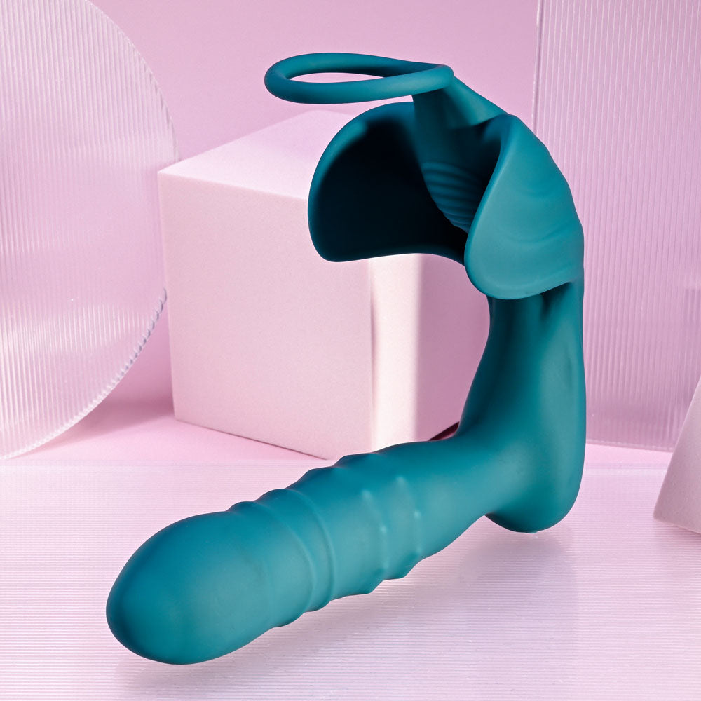 Playboy Pleasure BRING IT ON - Teal USB Rechargeable Thrusting Anal Plug with Cock Ring-PB-RS-3755-2