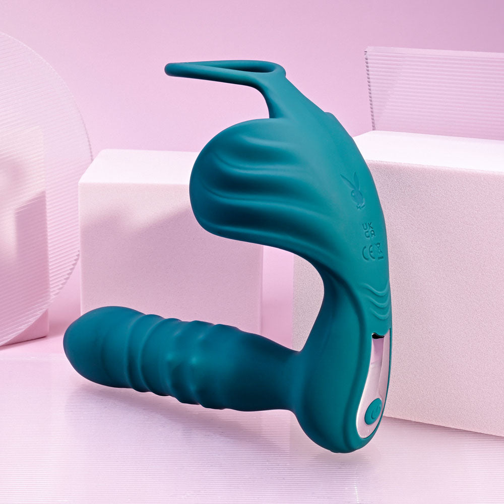 Playboy Pleasure BRING IT ON - Teal USB Rechargeable Thrusting Anal Plug with Cock Ring-PB-RS-3755-2