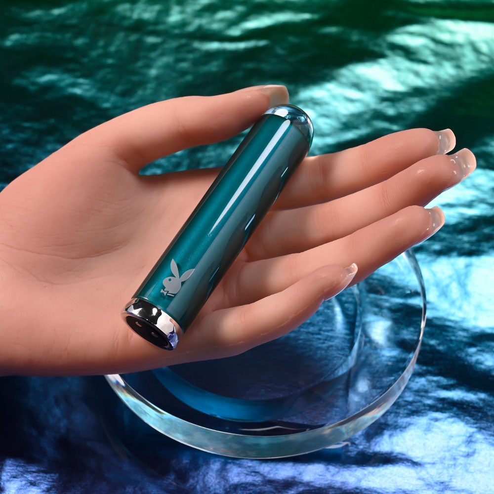 Playboy Pleasure EMERALD - Blue 9.1 cm USB Rechargeable Glass Tipped Bullet-PB-RS-5339-2