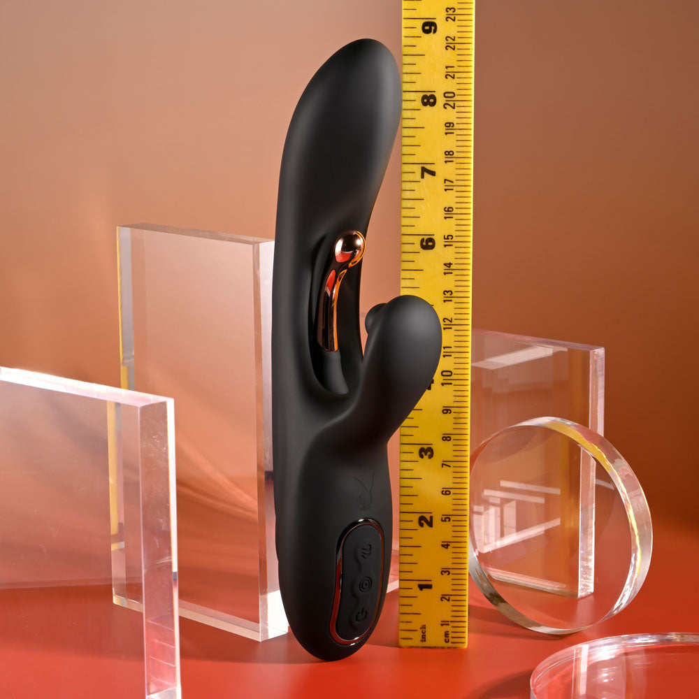 Playboy Pleasure AUREUS - Black 22.7 cm USB Rechargeable Rabbit Vibrator with Internal Flicker-PB-RS-5919-2