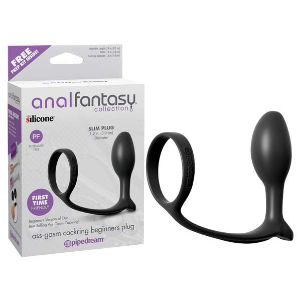 Anal Fantasy Collection Ass-Gasm Cock Ring Beginners Plug - Black Cock Ring with Anal Plug-PD4693-23