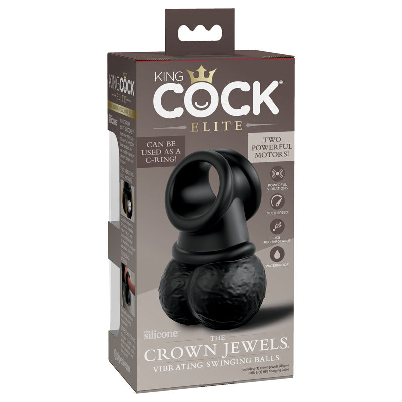 King Cock Elite The Crown Jewels Vibrating Silicone Balls - Black USB Rechargeable Vibrating Cock Ring-PD5780-23