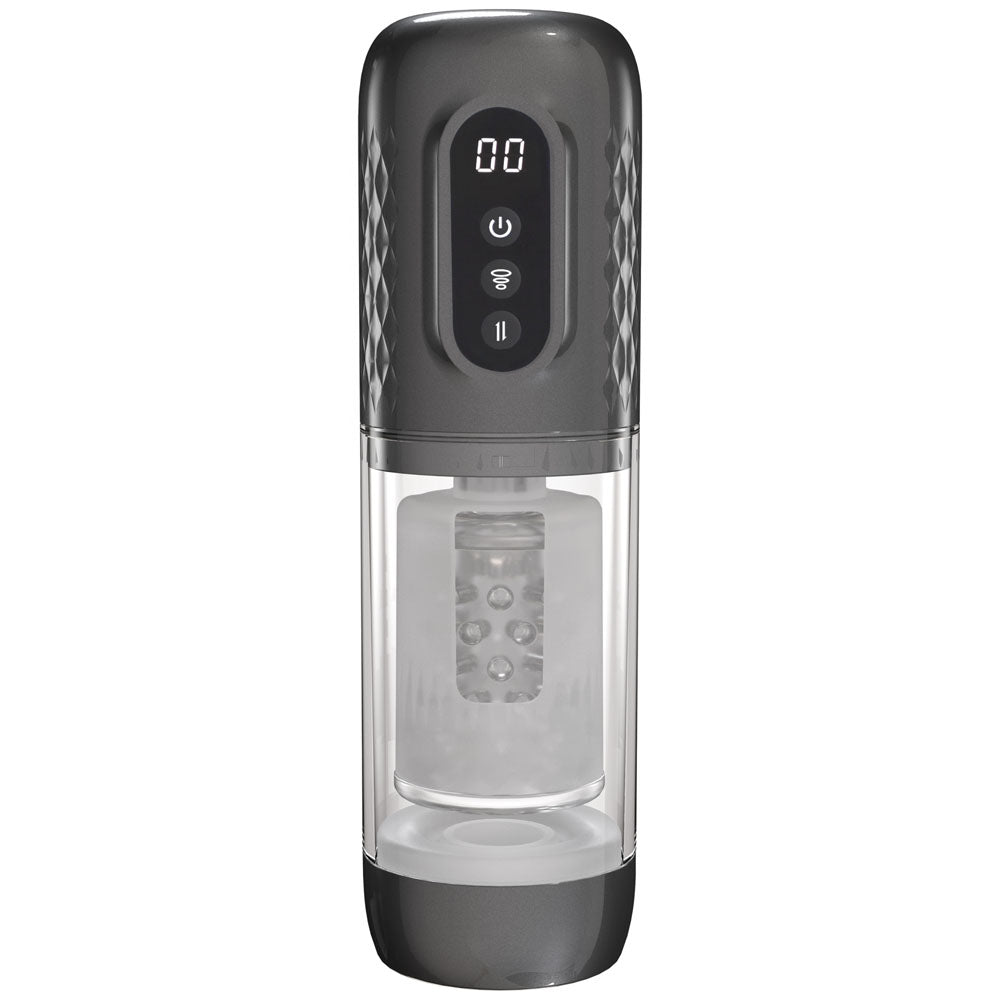 PUMPED Vortex - Gunmetal - Gunmetal Grey/Clear USB Rechargeable Sucking Rotating and Thrusting Auto Masturbator-PMP064GUN
