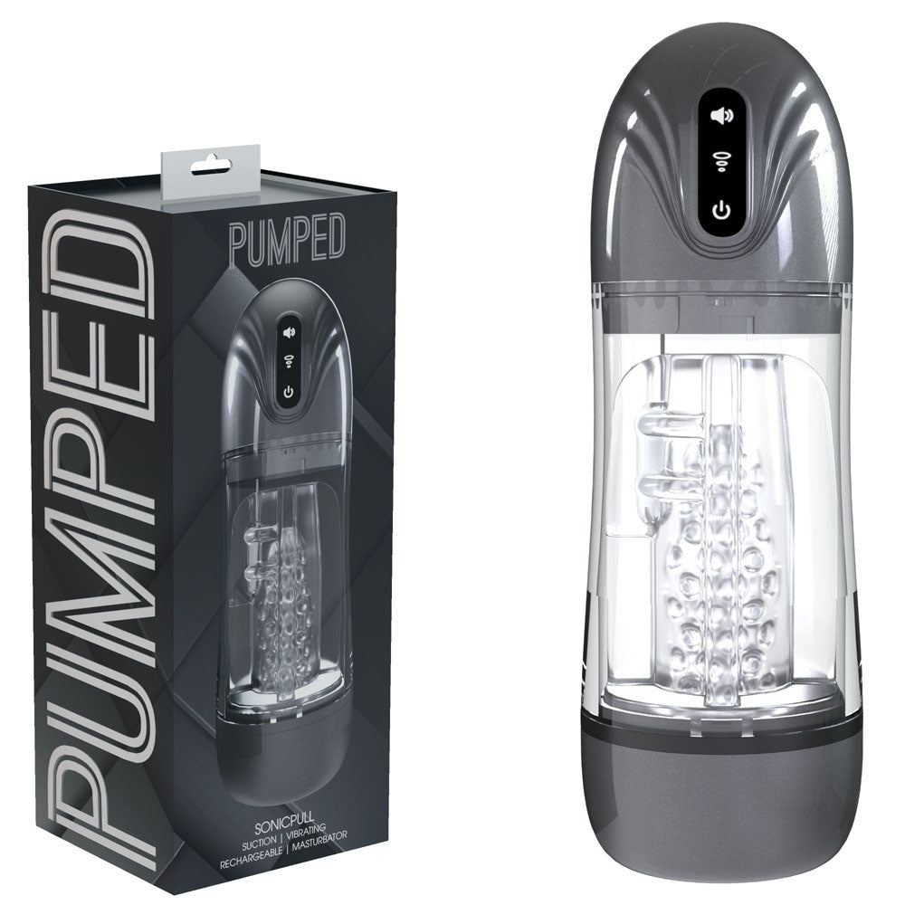 PUMPED SonicPull - Gunmetal - Gunmetal Grey/Clear USB Rechargeable Sucking And Vibrating Auto Masturbator-PMP066GUN