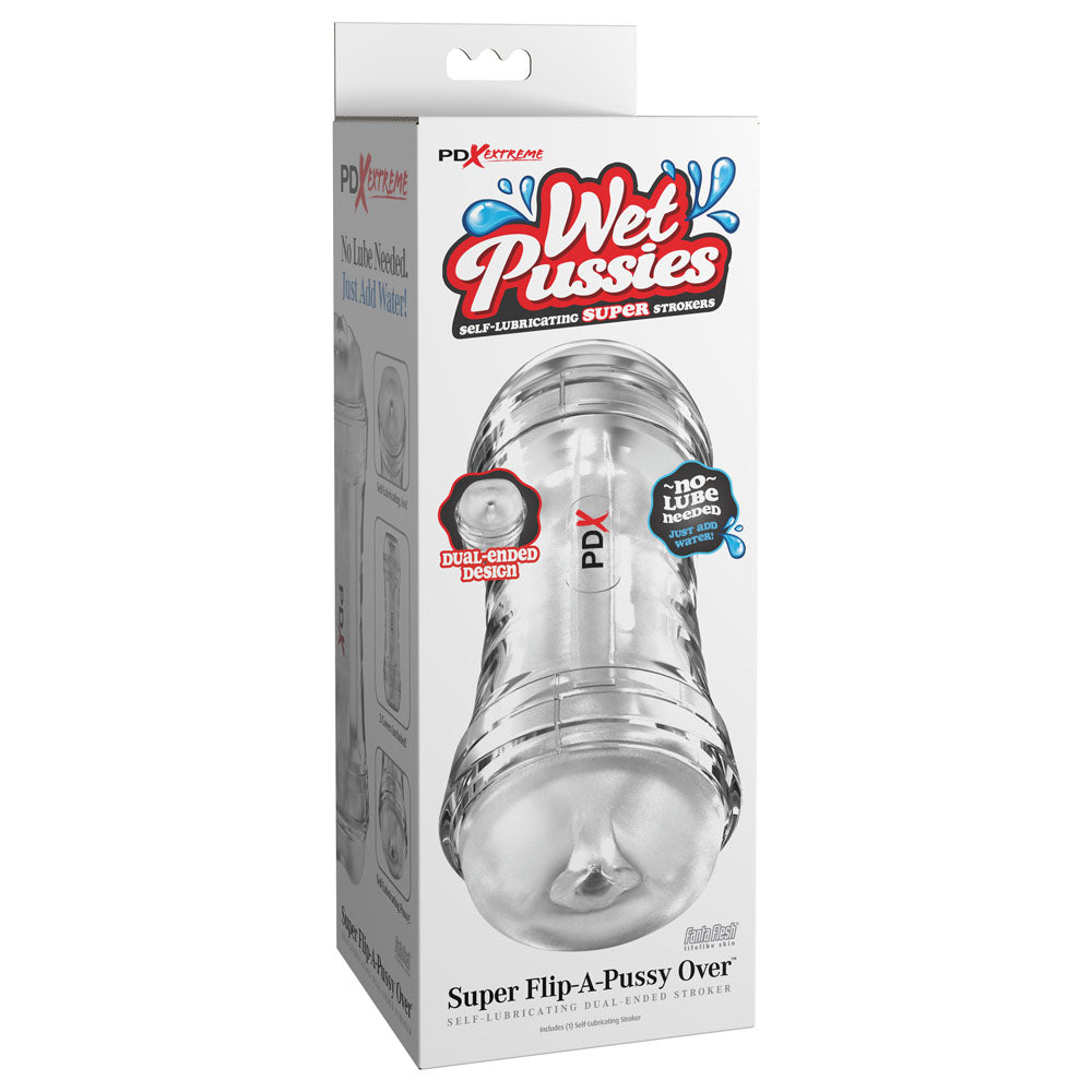 PDX Wet Pussies Super Flip-A-Pussy Over - Clear - Clear Dual Ended Self Lubricating Stroker (Va