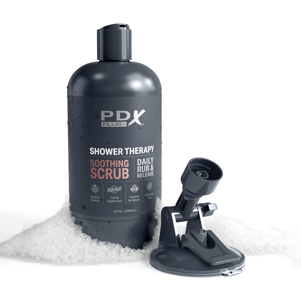 PDX Plus Shower Therapy - Soothing Scrub - Tan - Tan Discreet Vagina Stroker with Suction Base-RD622-22