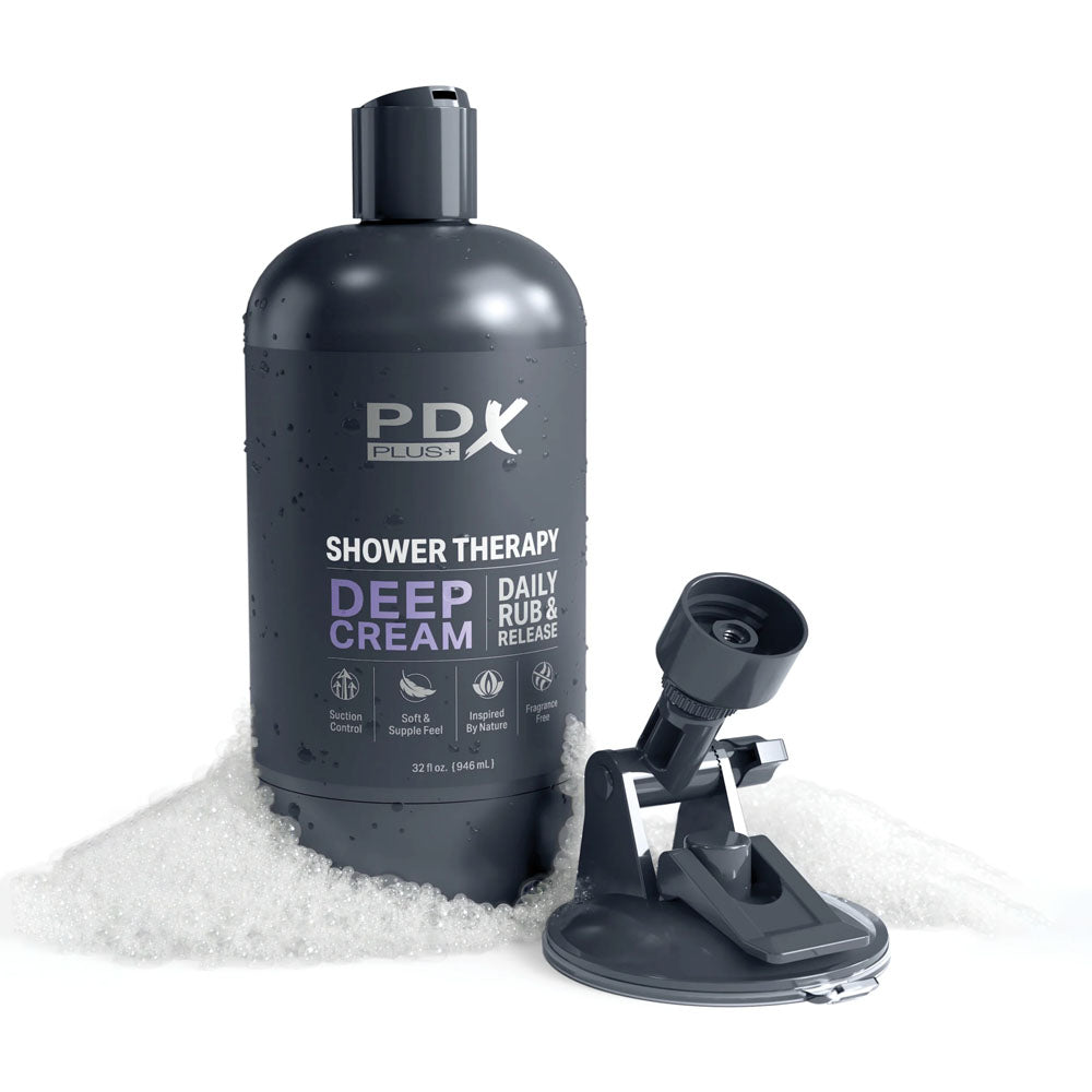 PDX Plus Shower Therapy - Deep Cream - Frosted - Clear Discreet Stroker with Suction Base-RD623-20