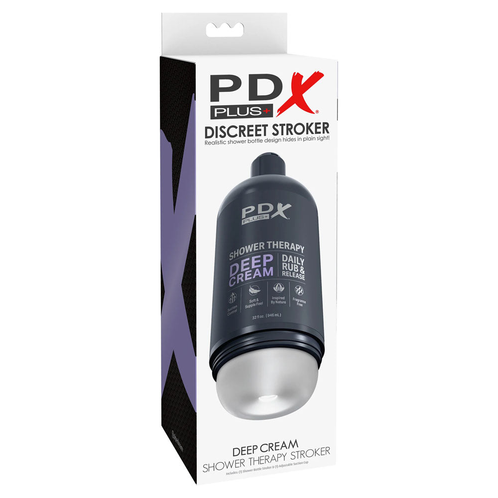 PDX Plus Shower Therapy - Deep Cream - Frosted - Clear Discreet Stroker with Suction Base-RD623-20