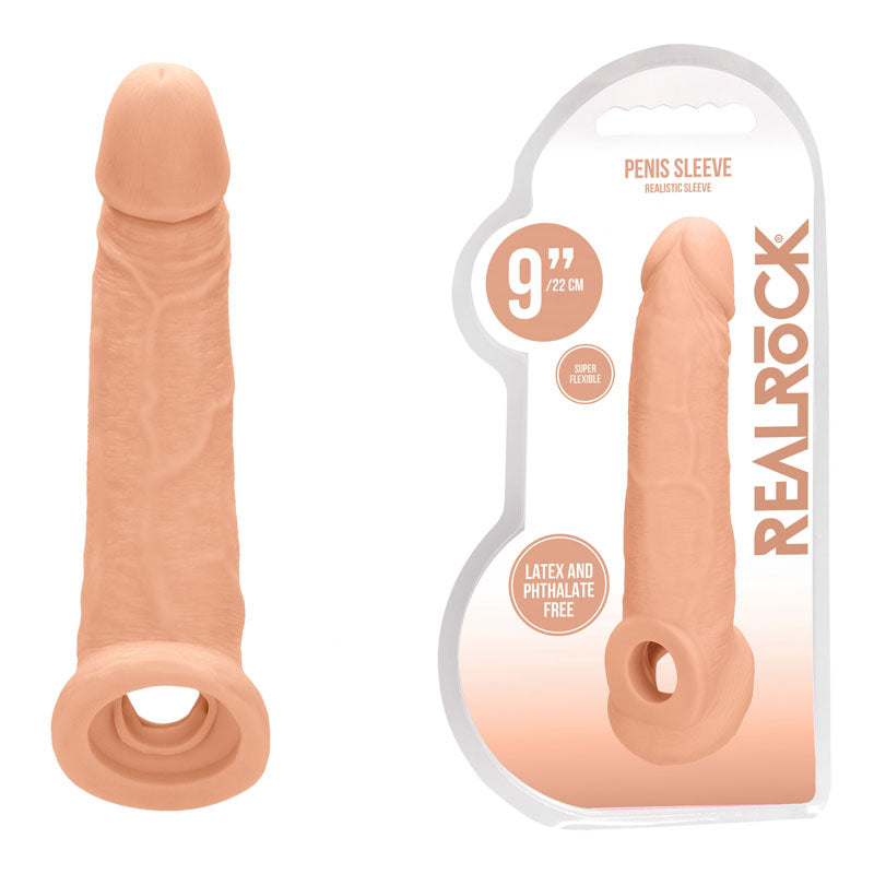 REALROCK 9 Realistic Penis Extender with Rings - Flesh 22.9 cm Penis Extension Sleeve-REA107FLE