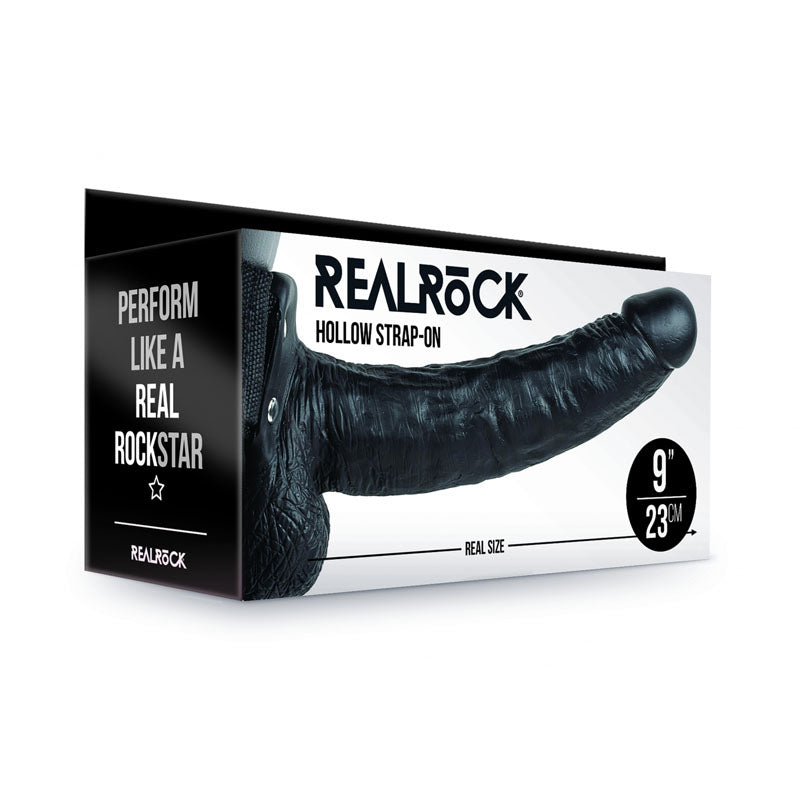 REALROCK Hollow Strapon with Balls - 23 cm Black - Black 23 cm Hollow Strap-On-REA132BLK