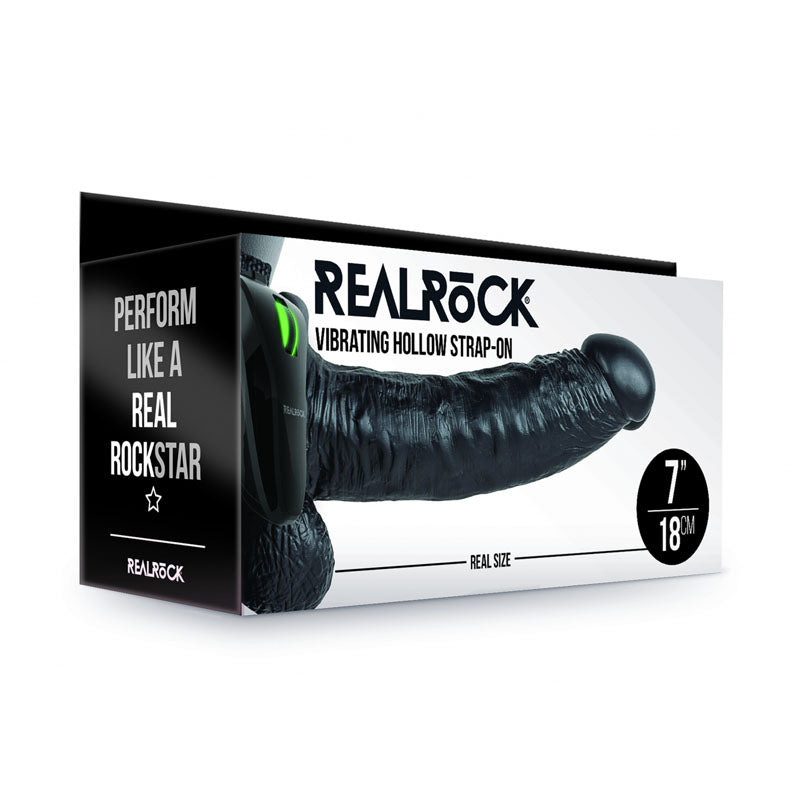 REALROCK Vibrating Hollow Strapon + Balls - 18cm Black - Black 18 cm Vibrating Hollow Strap-On-REA133BLK