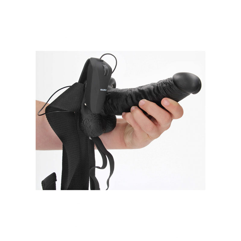 REALROCK Vibrating Hollow Strapon + Balls - 18cm Black - Black 18 cm Vibrating Hollow Strap-On-REA133BLK