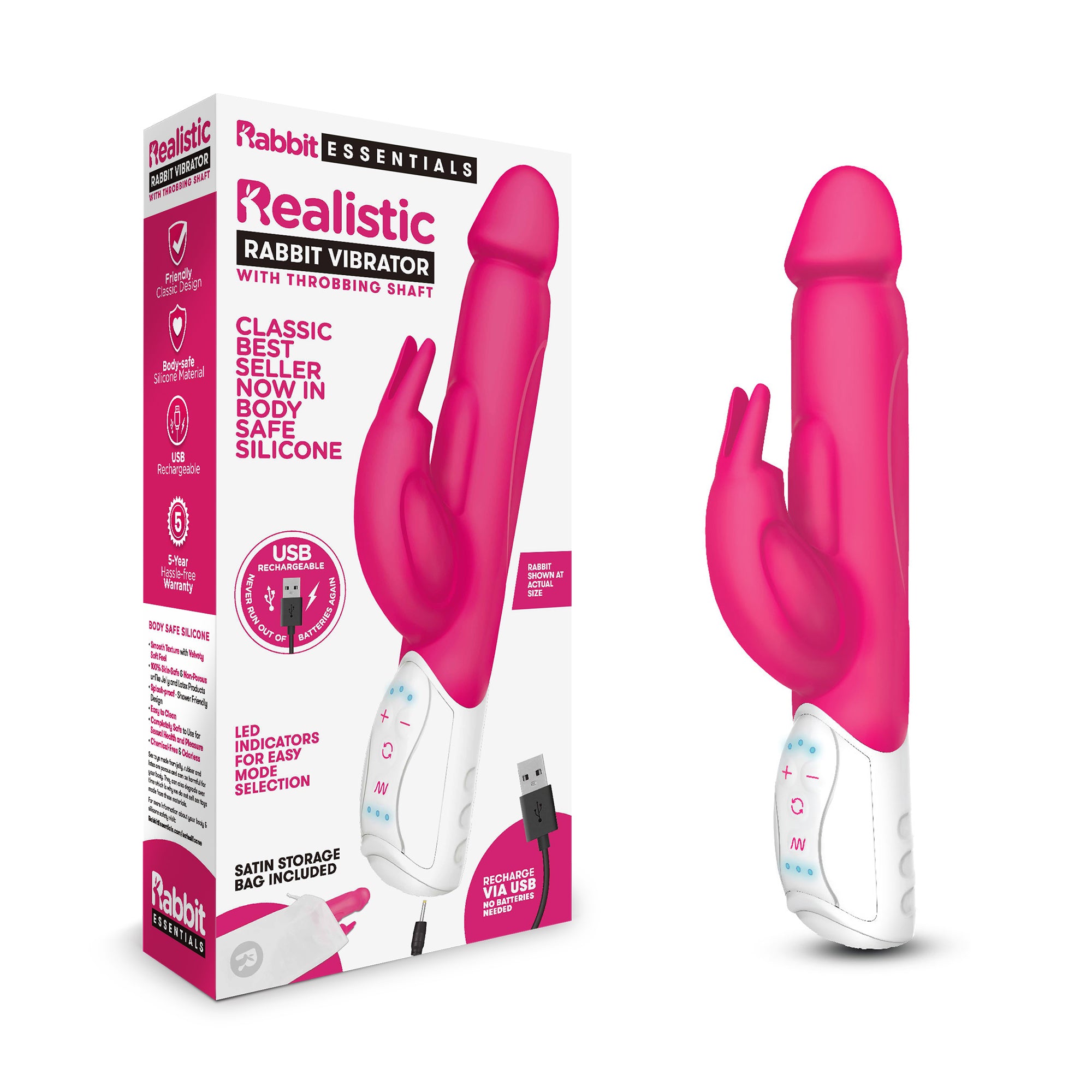 Rabbit Essentials Rechargeable Realistic Rabbit Hot Pink-RR-001PNK