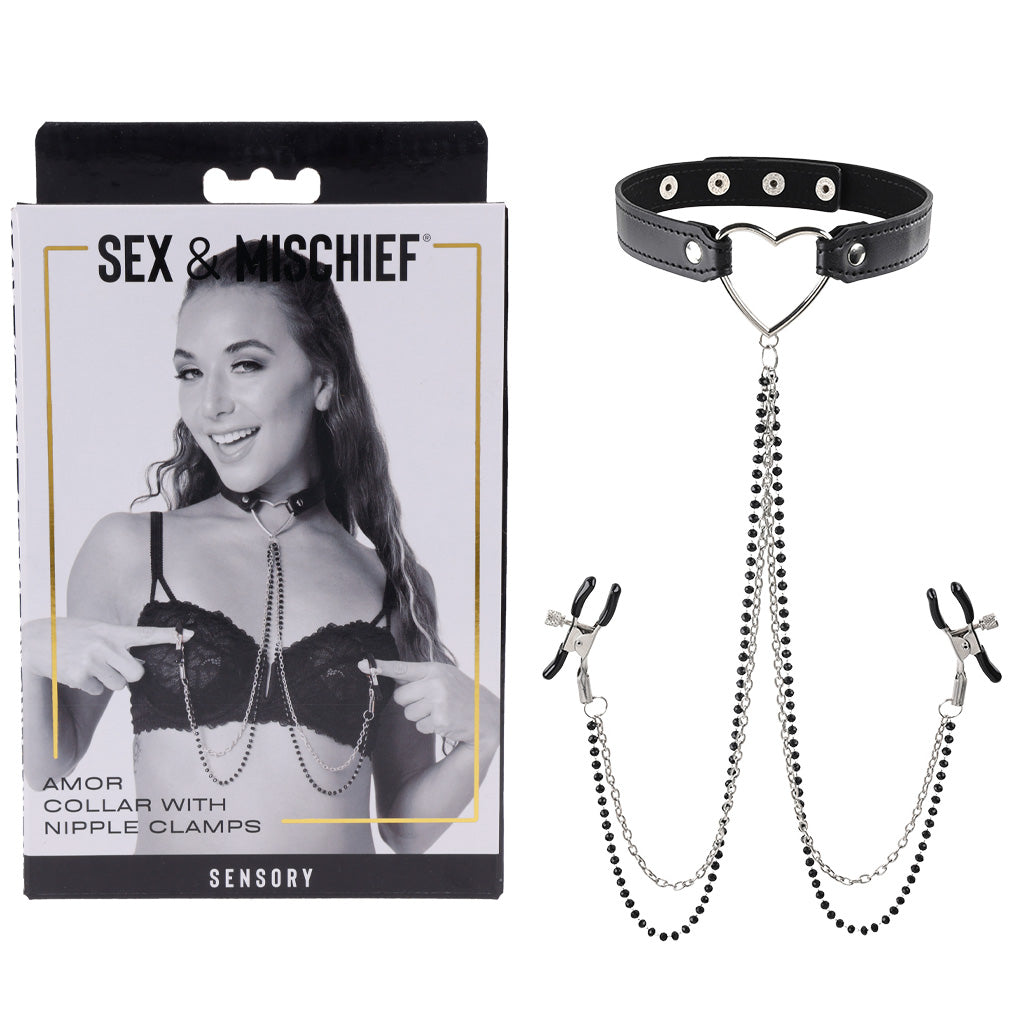 Sex & Mischief Amor Collar with Nipple Clamps - Metal Restraints-SS09834