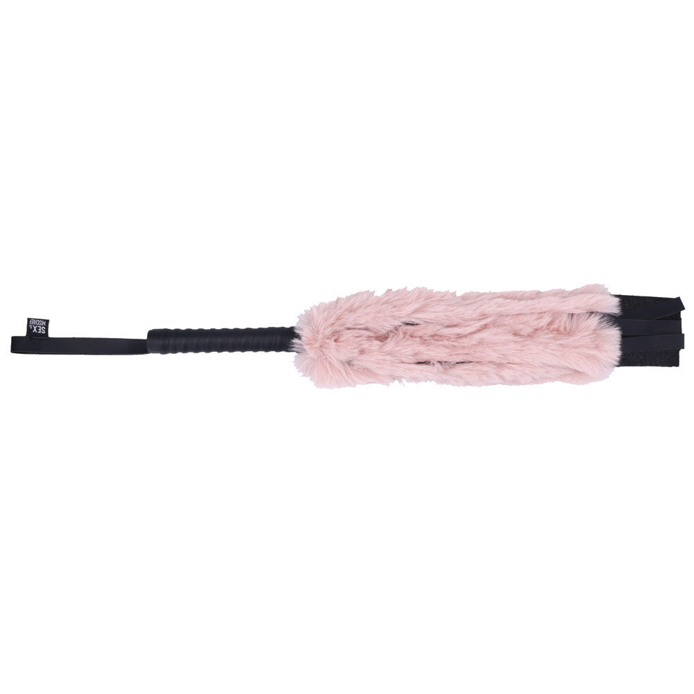 Sex & Mischief Brat Faux Fur Flogger - Black 50 cm Whip with Pink Faux Feather-SS09848