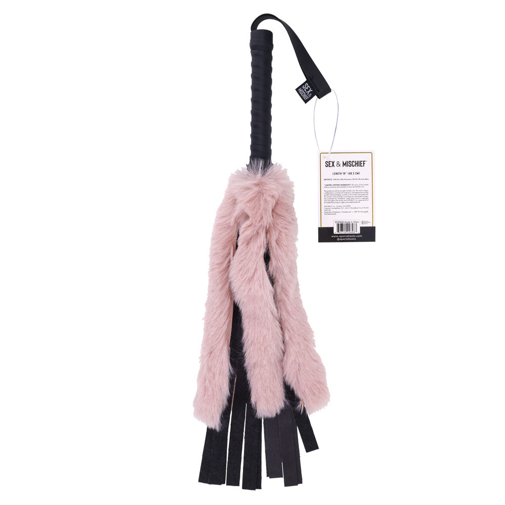 Sex & Mischief Brat Faux Fur Flogger - Black 50 cm Whip with Pink Faux Feather-SS09848