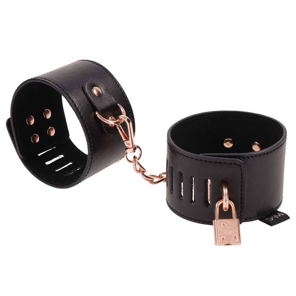 Sex & Mischief Brat Locking Cuffs - Black/Rose Gold Hand Cuffs-SS09849