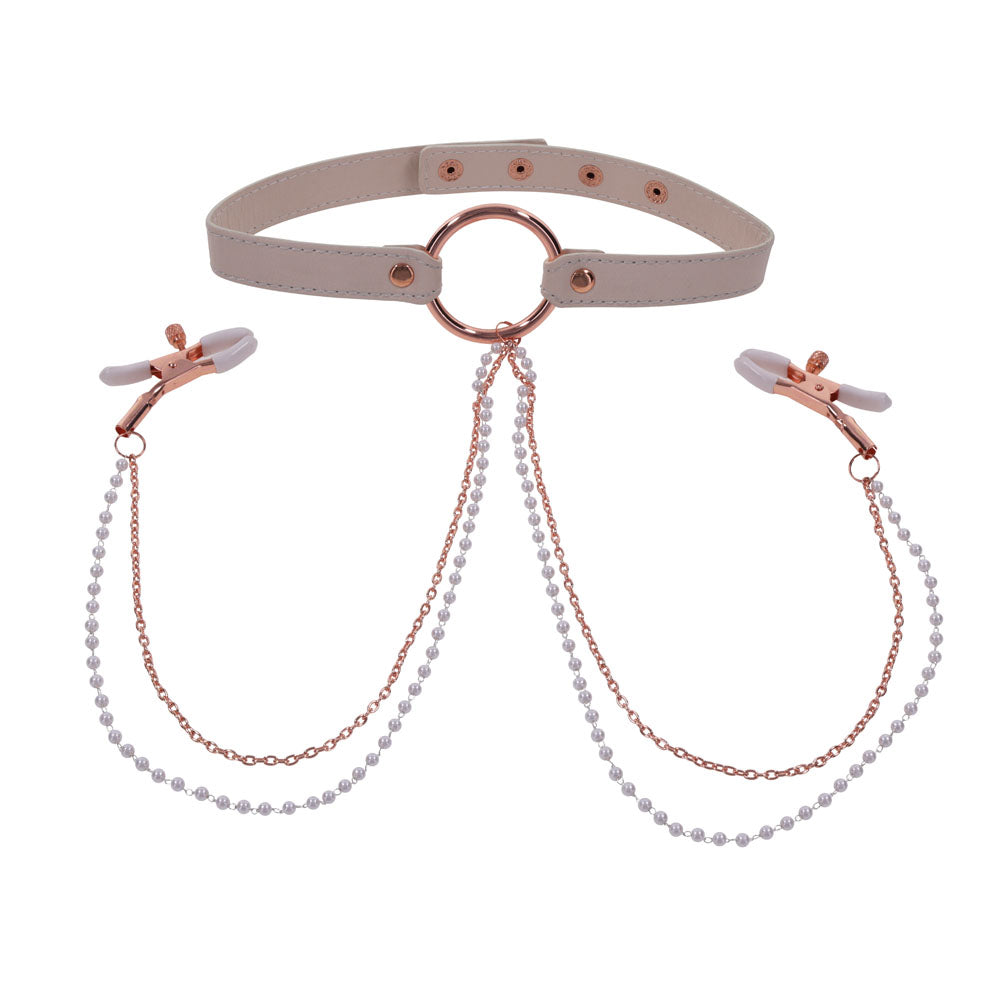 Sex & Mischief Peaches n CreaMe Collar with Nipple Clamps - Peach Nipple Restraints-SS09963