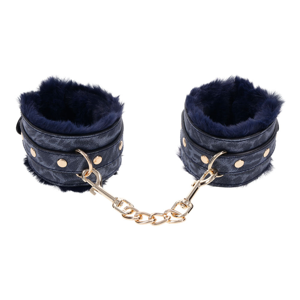 Sex & Mischief Cougar Fur Handcuffs - Navy Blue/Gold Furry Restraints-SS09971