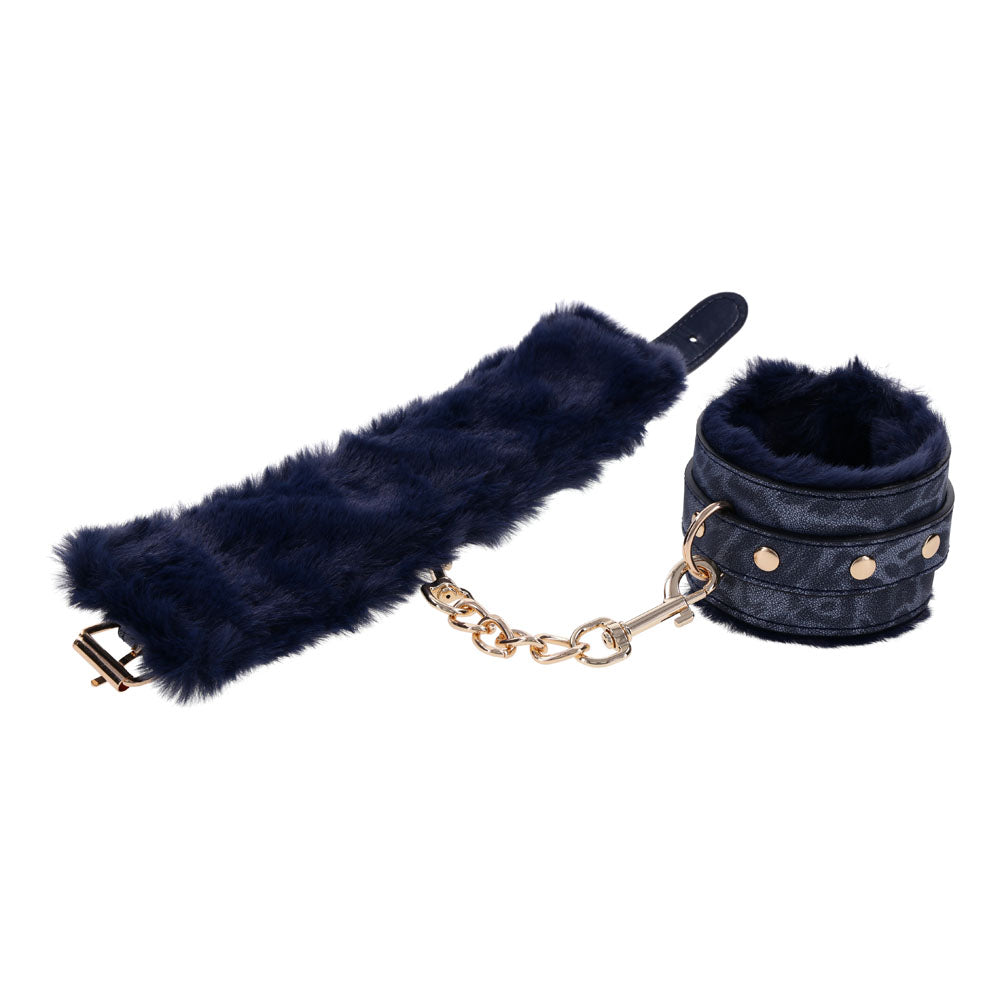 Sex & Mischief Cougar Fur Handcuffs - Navy Blue/Gold Furry Restraints-SS09971