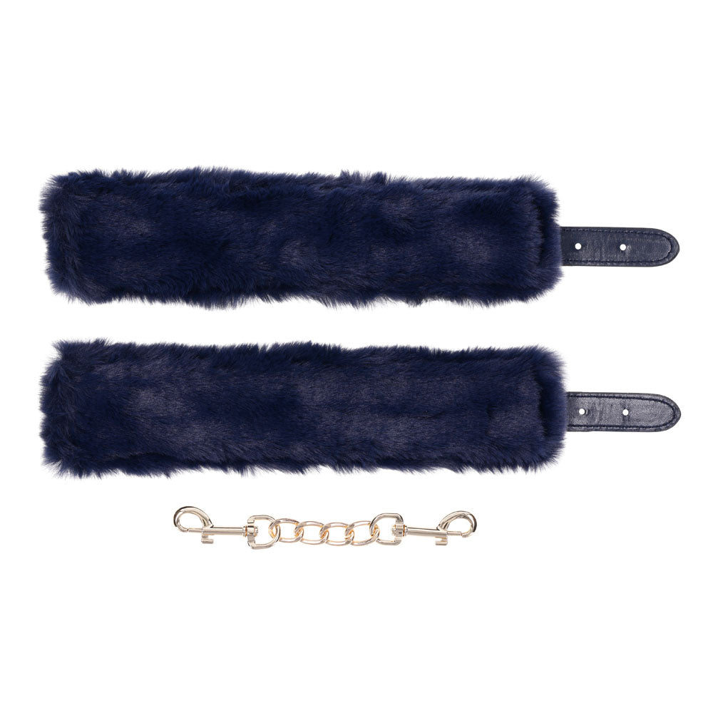 Sex & Mischief Cougar Fur Handcuffs - Navy Blue/Gold Furry Restraints-SS09971