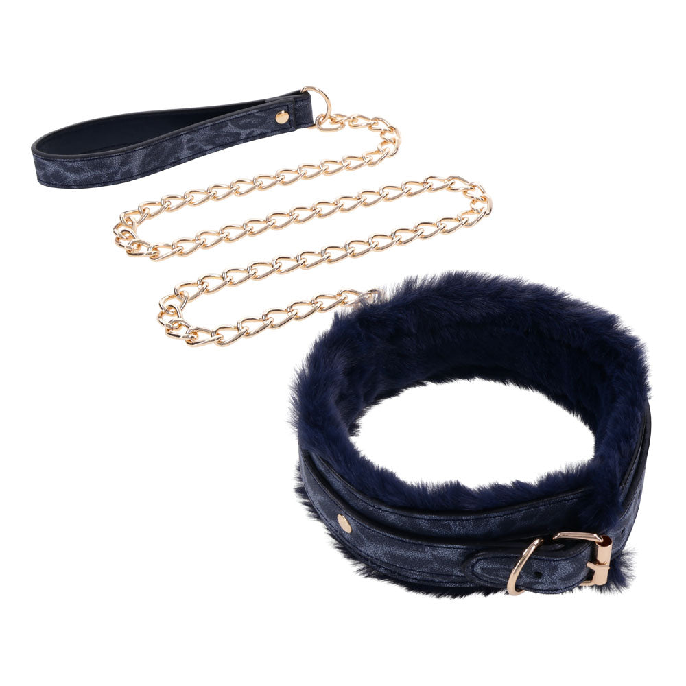 Sex & Mischief Cougar Fur Collar & Leash - Navy Blue/Gold Furry Restraint-SS09972