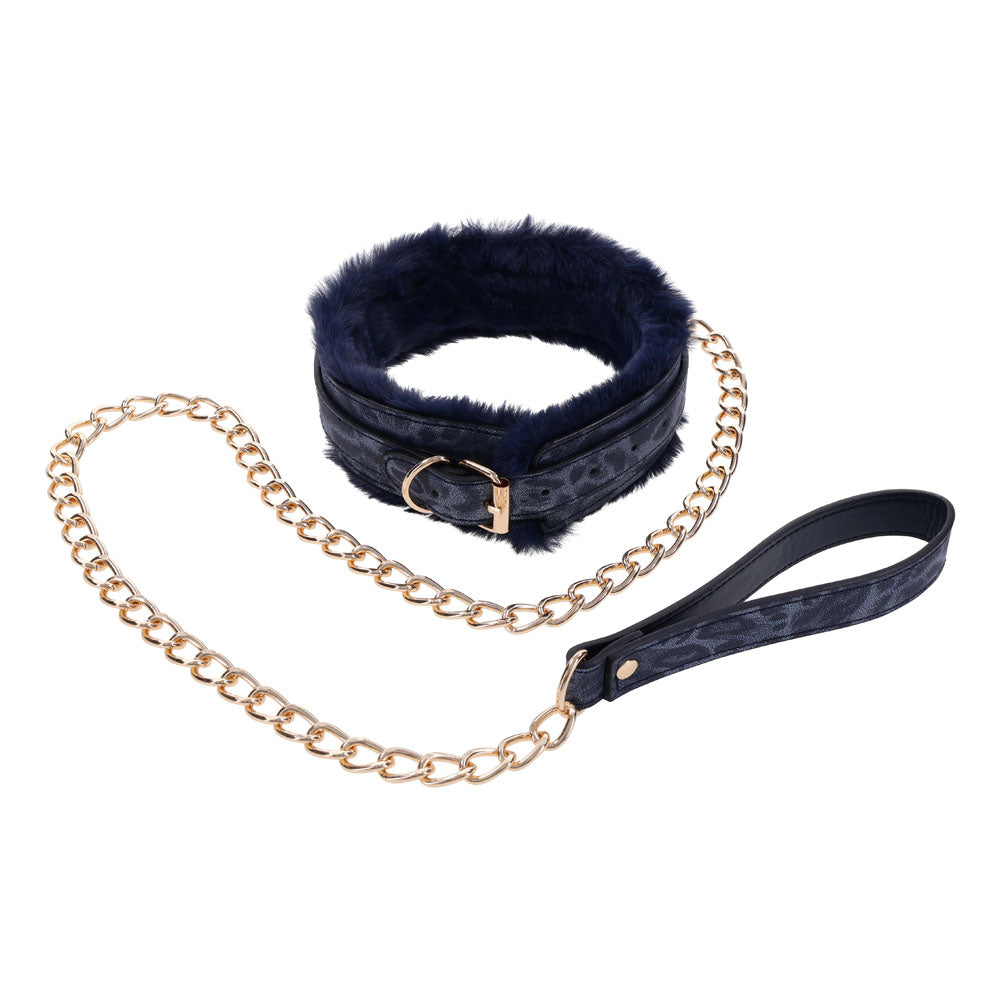 Sex & Mischief Cougar Fur Collar & Leash - Navy Blue/Gold Furry Restraint-SS09972