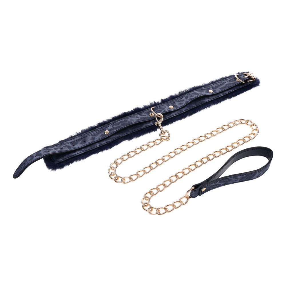 Sex & Mischief Cougar Fur Collar & Leash - Navy Blue/Gold Furry Restraint-SS09972