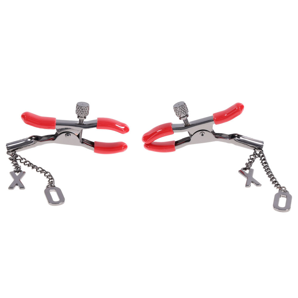 S&M Exs & Ohs Nipple Clamps - Red Tipped Metal Nipple Clamps - Set of 2-SS09983