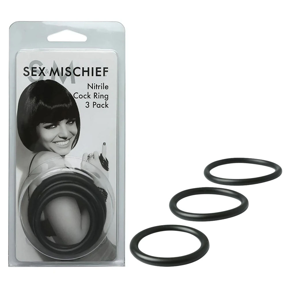 Sex & Mischief Nitrile Cock Ring 3 Pack - Black Cock Rings - Set of 3 Sizes-SS10034