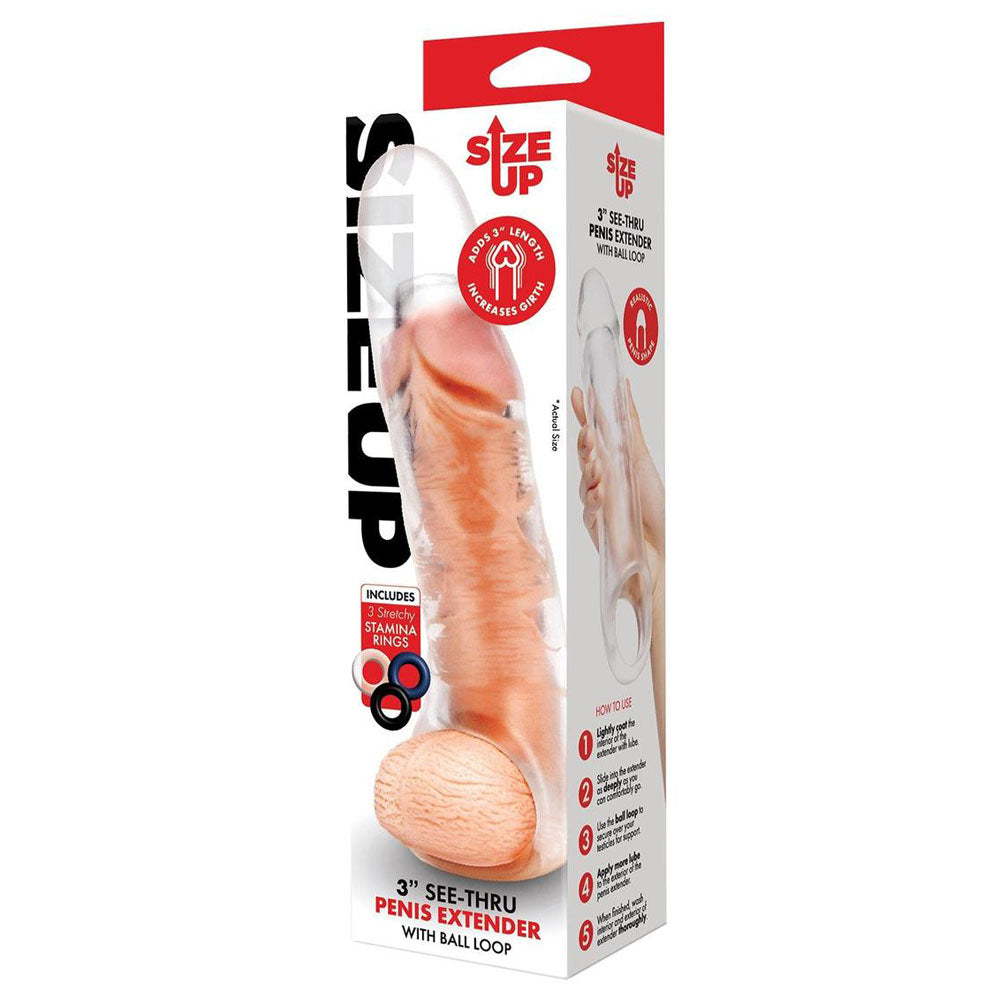 Size Up 3 Inch See-Thru Penis Extender with Ball Loop - Clear 7.6 cm (3) Penis Extension Sleeve-SU404