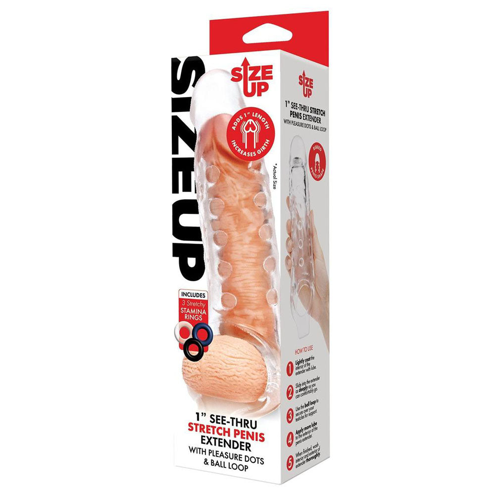 Size Up 1 Inch See-Thru Stretch Penis Extender - Clear 2.5 cm (1) Penis Extension Sleeve-SU408