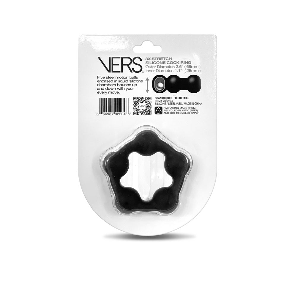 VERS Liquid Silicone Steel Motion C-Ring - Black Cock Ring with Steel Motion Balls-VRS-2204