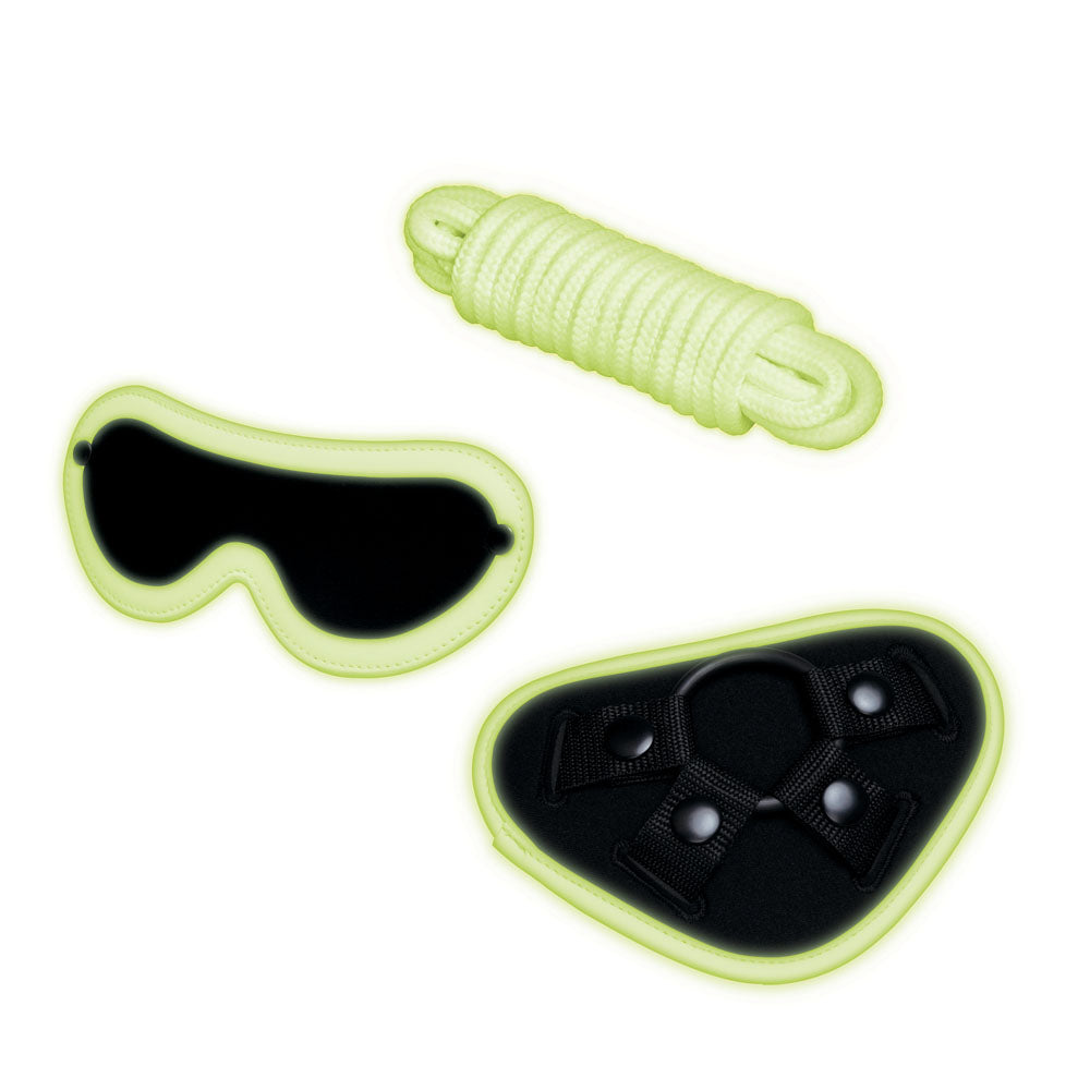 WhipSmart Glow In The Dark 4pc Strap-On Set - Glow in Dark 15.2 cm Strap-On with Eye Mask & Rope-WS1046