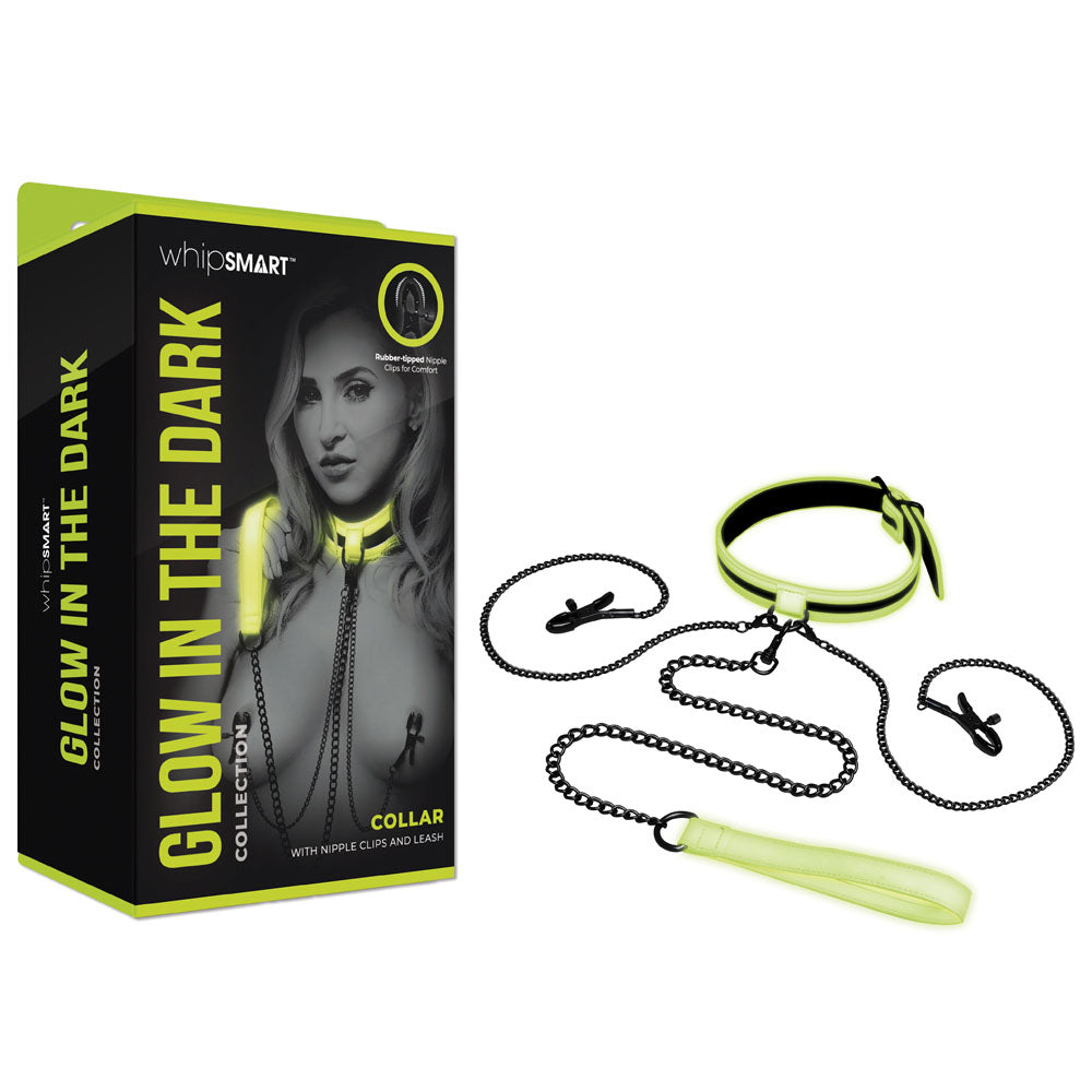WhipSmart Glow In The Dark Collar with Nipple Clips & Leash-(ws1050)