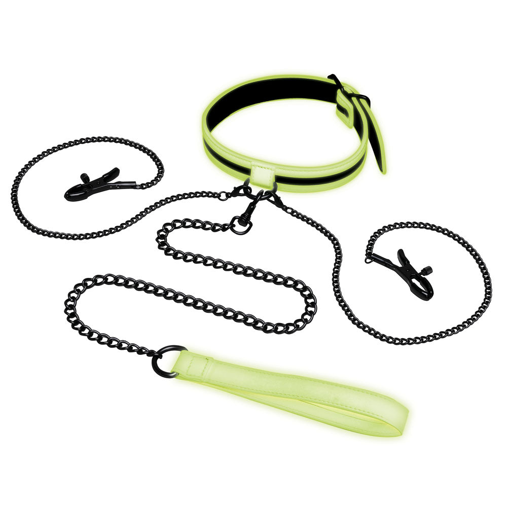 WhipSmart Glow In The Dark Collar with Nipple Clips & Leash - Glow in Dark Restraint-WS1050