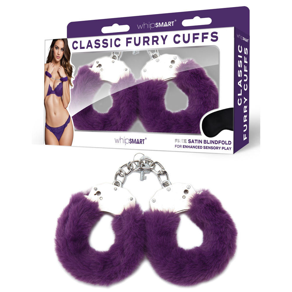 WhipSmart Classic Furry Cuffs - Purple - Purple Furry Restraints with Bonus Eye Mask-WS1508