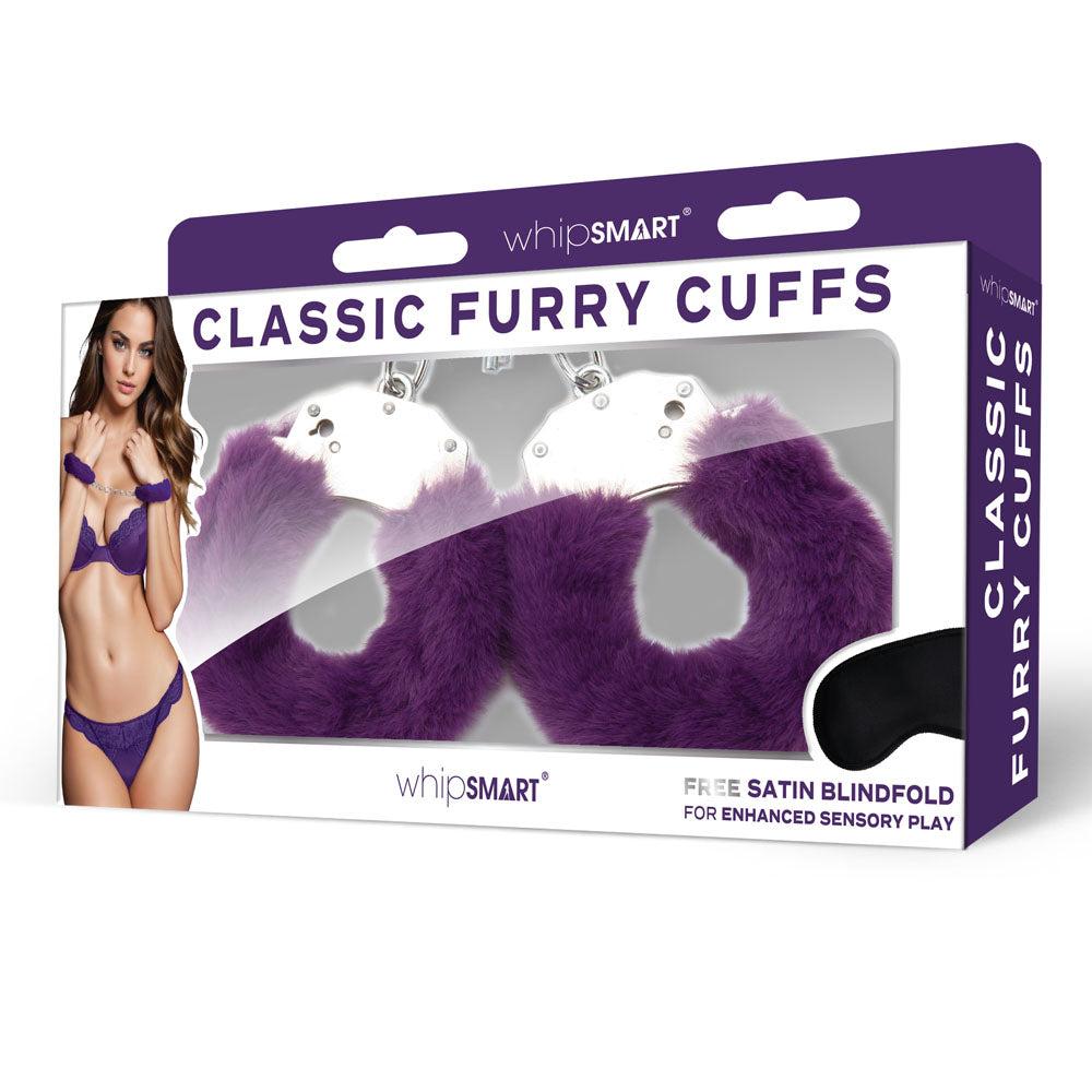 WhipSmart Classic Furry Cuffs - Purple - Purple Furry Restraints with Bonus Eye Mask-WS1508